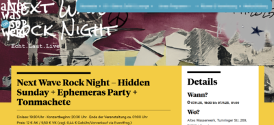 Bild zeigt einen Ausschnitt aus der Website "Altes Wasserwerk Lörrach" mit der Ankündigung der "Next Wave Rock Night" vom 7.11.2025
